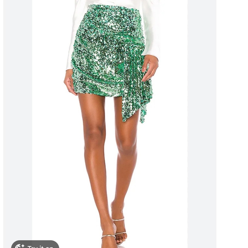 For Love & Lemons Green Sequin Asymmetrical Mini Skirt XS CBS1621-HO19 Holiday